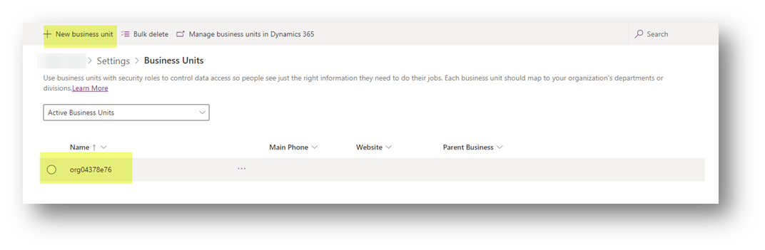 When clicked on “Business Unit” you will be directed to new window where you can see list of Business unit and also Button at top to Create “New Business Unit.
