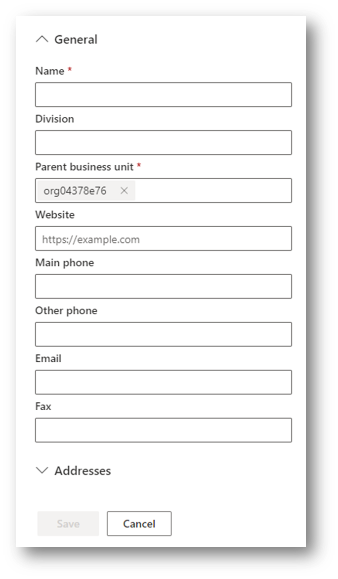 2. Click on New Business unit button at top and new window will be opened on the right side of the screen to enter the detail of the new Business Unit.