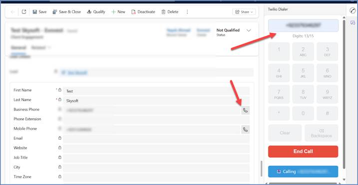 screenshot showing Making Outgoing Calls using twelio in crm