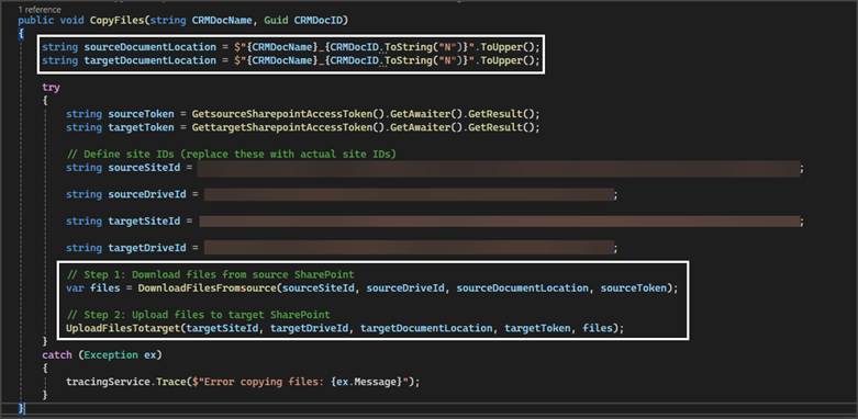 Screenshot: Plugin logic fetching SharePoint access details