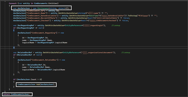 Screenshot: Related CRM documents returned by the Custom API: