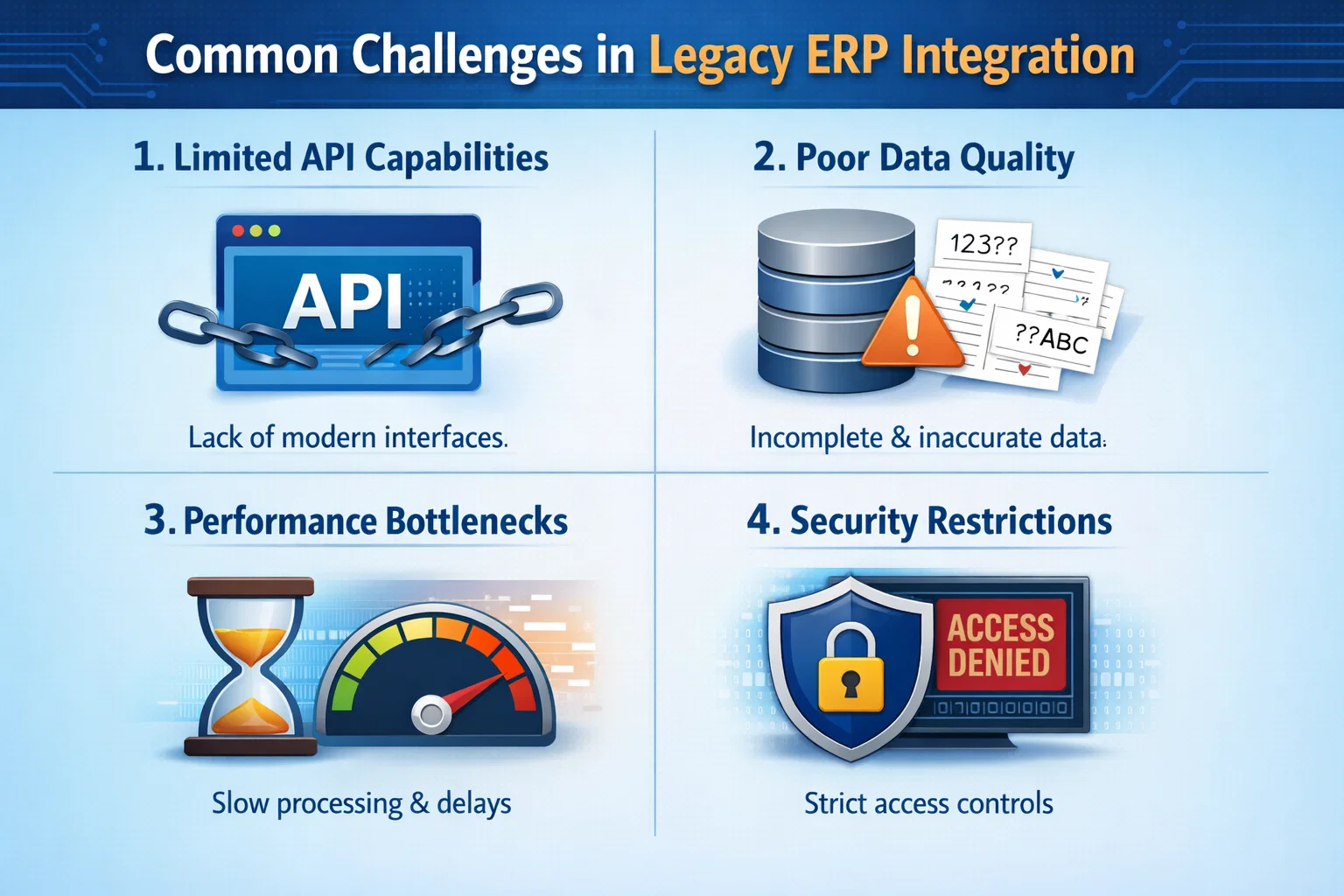 visual representation of Common Challenges in Legacy ERP Integration