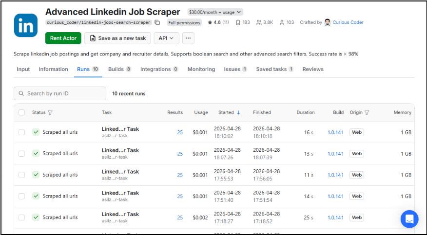Figure — Apify actor run list showing board-specific scrapers and execution status 