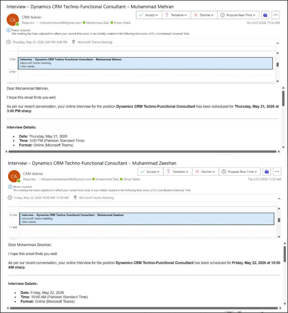 Agent schedules interviews with the candidates by extracting their emails from the resumes: