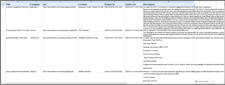 Screenshot: Google Sheet Output 