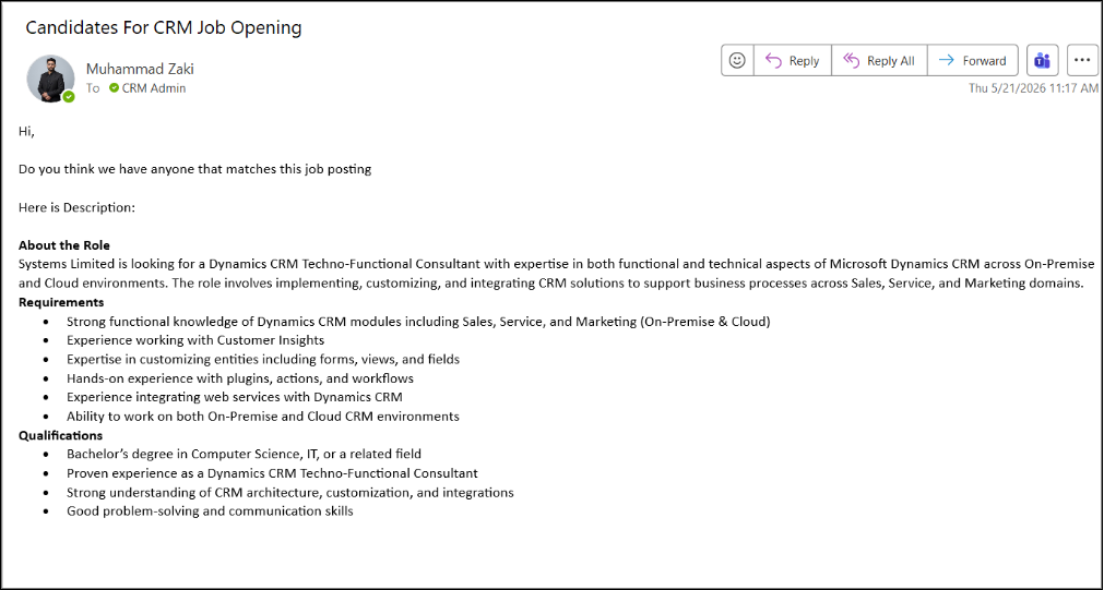 screenshot of email showing Candidates Requirement Email: