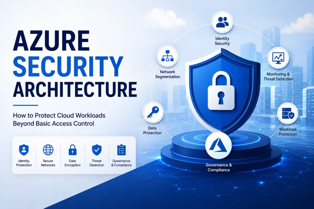 # Azure Security Architecture: How to Protect Cloud Workloads Beyond Basic Access Control Cloud security is no longer just about controlling who can access an application. As organizations move critical workloads to Microsoft Azure, they also need to protect data, applications, identities, networks, endpoints, and cloud infrastructure from increasingly complex threats. That is where **Azure security architecture** becomes essential. A strong architecture combines identity security, network segmentation, encryption, monitoring, threat detection, workload protection, and governance. More importantly, these controls need to work together rather than operate as isolated security features. In this guide, we explore how businesses can build a secure Azure environment that goes beyond basic access control while maintaining performance, scalability, and operational visibility. ## What Is Azure Security Architecture? **Azure security architecture** is the structured approach used to protect cloud workloads, applications, data, identities, and infrastructure running on Microsoft Azure. Instead of relying on a single security layer, a mature architecture uses **defense in depth**. Therefore, if one control fails, additional security layers can help reduce the impact. A typical Azure security architecture covers: * Identity and access management * Network security and segmentation * Data protection and encryption * Application security * Workload protection * Security monitoring and threat detection * Backup and disaster recovery * Security governance and compliance * Vulnerability management * Incident response The goal is simple: **reduce the attack surface while maintaining secure and reliable access to business workloads.** --- ## Why Basic Access Control Is Not Enough Identity and access management is a critical foundation. However, authentication alone cannot protect an entire cloud environment. For example, imagine an employee's credentials are compromised. Even if the organization uses strong authentication, an attacker may still attempt to access applications, manipulate data, move across the network, or exploit vulnerable workloads. That is why organizations should use multiple security layers. | Security Layer | What It Protects | Examples | | -------------- | ----------------------------- | --------------------------------- | | Identity | Users and privileged accounts | MFA, Conditional Access, RBAC | | Network | Traffic and connectivity | Firewalls, NSGs, segmentation | | Data | Sensitive information | Encryption, Key Vault | | Applications | Software and APIs | Secure development, WAF | | Workloads | VMs, containers and services | Defender capabilities | | Monitoring | Security events | Microsoft Sentinel, Azure Monitor | | Governance | Policies and configurations | Azure Policy, management groups | | Recovery | Business continuity | Backup, disaster recovery | Consequently, a secure Azure environment should not depend on one security control. --- ## 1. Build a Strong Identity Security Foundation Identity is often considered the first line of defense in a cloud environment. However, organizations should move beyond simple username-and-password authentication. ### Use Multi-Factor Authentication **Multi-factor authentication (MFA)** adds another verification layer when users sign in. As a result, stolen passwords become less useful to attackers. Organizations should particularly enforce stronger authentication for: * Administrators * Developers * Finance users * Remote workers * External users * Privileged accounts ### Apply Least-Privilege Access Users and applications should receive only the permissions they actually need. For example, a developer who needs access to application resources does not necessarily need administrative access to the entire Azure subscription. Using **Role-Based Access Control (RBAC)** helps organizations implement this principle. ### Protect Privileged Accounts Privileged identities require additional controls because they can potentially change infrastructure, access sensitive data, or disable security controls. Organizations should therefore consider: * Just-in-time privileged access * Separate administrator accounts * Privileged Identity Management * Regular access reviews * Strong authentication policies --- ## 2. Design a Secure Azure Network Architecture A secure identity strategy is important, but network security provides another critical layer. Instead of allowing unrestricted communication between workloads, organizations should control how systems communicate with each other. ### Use Network Segmentation Azure workloads can be separated into different network segments based on their purpose and sensitivity. For example: **Internet → Web Layer → Application Layer → Database Layer** This architecture limits unnecessary communication between systems. If an attacker compromises a web server, segmentation can make it more difficult to directly reach sensitive databases. ### Protect Internet-Facing Applications For applications exposed to the internet, organizations can use services such as: * Azure Application Gateway * Web Application Firewall (WAF) * Azure Firewall * Network Security Groups * DDoS protection capabilities These controls can help identify, filter, and restrict unwanted traffic before it reaches critical workloads. --- ## 3. Protect Data With Encryption and Key Management Data protection should cover information both **at rest and in transit**. Encryption helps reduce the impact of unauthorized access because intercepted or stolen information is more difficult to use without the appropriate cryptographic keys. ### Protect Encryption Keys Key management is just as important as encryption itself. Azure Key Vault can help organizations securely manage: * Encryption keys * Secrets * Certificates * Application credentials Rather than storing sensitive credentials directly inside application code or configuration files, applications can retrieve secrets securely through appropriate identity-based access. ### Classify Sensitive Data Not every piece of information requires the same security controls. Businesses should identify sensitive data such as: * Customer information * Financial records * Employee information * Intellectual property * Authentication credentials * Operational data Then, security controls can be aligned with the sensitivity and regulatory requirements of that information. --- ## 4. Secure Azure Workloads and Applications Cloud infrastructure can be securely configured, yet vulnerable applications can still create significant risks. Therefore, application security should be part of the overall Azure security architecture. ### Follow Secure Development Practices Development teams should incorporate security throughout the software development lifecycle. Important practices include: * Code vulnerability scanning * Dependency management * Secret detection * Secure API design * Container image scanning * Infrastructure-as-code security checks * Security testing before deployment ### Protect APIs Modern applications frequently depend on APIs. Consequently, APIs should be authenticated, authorized, monitored, and appropriately rate-limited. API security should include: 1. Strong authentication 2. Authorization controls 3. Input validation 4. Encryption 5. Logging and monitoring 6. Rate limiting where appropriate --- ## 5. Monitor Threats Across the Azure Environment Security controls are only useful if organizations can identify suspicious activity. This is where centralized monitoring becomes important. ### Use Azure Monitor and Microsoft Sentinel Azure Monitor provides visibility into Azure resources and workloads, while Microsoft Sentinel can provide broader security information and event management capabilities. Security teams can use centralized monitoring to identify: * Suspicious authentication attempts * Unusual administrative activity * Unexpected network traffic * Configuration changes * Potential malware activity * Abnormal resource behavior Furthermore, centralized logs can help security teams investigate incidents more efficiently. ### Don't Collect Logs Without a Purpose More logs do not automatically mean better security. Instead, organizations should identify which events are important for: * Threat detection * Compliance * Incident investigation * Performance monitoring * Audit requirements This approach can improve both visibility and operational efficiency. --- ## 6. Use Security Policies and Continuous Governance Azure environments can change rapidly. New resources are created, applications are deployed, and permissions are modified. Therefore, security cannot be treated as a one-time configuration task. ### Establish Cloud Security Policies Organizations can use governance mechanisms such as Azure Policy to help enforce security requirements. For example, policies can help identify or prevent configurations such as: * Publicly exposed resources * Unapproved regions * Missing security controls * Weak configuration standards * Unencrypted resources As a result, governance becomes part of everyday cloud operations. --- ## 7. Protect Against Misconfiguration Cloud security incidents are not always caused by sophisticated attacks. Sometimes, a simple configuration mistake creates the vulnerability. Common examples include: * Publicly accessible storage * Excessive permissions * Open network ports * Unprotected secrets * Unpatched workloads * Poorly configured security groups Regular security assessments can help identify these weaknesses before attackers exploit them. A useful approach is to continuously review: **Identity → Network → Data → Applications → Workloads → Monitoring → Governance** --- ## 8. Build Backup and Disaster Recovery Into the Architecture Security is not only about preventing attacks. It is also about recovering when something goes wrong. Ransomware, accidental deletion, infrastructure failures, and application outages can all affect business operations. Therefore, organizations should develop a recovery strategy that considers: * Backup frequency * Recovery Point Objective (RPO) * Recovery Time Objective (RTO) * Geographic redundancy * Backup protection * Disaster recovery testing Most importantly, backups should be tested regularly. A backup that has never been restored is not a fully validated recovery strategy. --- ## Azure Security Architecture Best Practices For organizations planning or reviewing their Azure security strategy, the following practices provide a strong foundation: * Apply the principle of least privilege. * Enable MFA for appropriate users and privileged accounts. * Separate production and non-production environments. * Segment critical workloads. * Encrypt sensitive data. * Secure secrets with centralized key management. * Monitor security events continuously. * Scan workloads for vulnerabilities. * Apply cloud governance policies. * Regularly review permissions. * Keep workloads patched and updated. * Protect and test backups. * Develop an incident response plan. * Regularly assess cloud configurations. --- ## How Sky Soft Connections Can Help Building a secure Azure environment requires more than enabling individual Microsoft services. The architecture needs to align with business requirements, application workloads, compliance needs, and long-term growth. **Sky Soft Connections** helps businesses design and implement Microsoft cloud solutions with a focus on secure, scalable, and practical architectures. Our Microsoft technology services include: ### Microsoft Azure Services We can help organizations plan and implement Azure environments, modernize workloads, and improve cloud infrastructure. ### Microsoft Dynamics 365 For organizations running CRM and business applications, we help implement and customize **Microsoft Dynamics 365** solutions while considering security, integration, and scalability. ### Microsoft Power Platform Our services cover: * Power Apps * Power Automate * Power BI * Power Pages * Power Virtual Agents / Copilot solutions These platforms can be integrated with broader Microsoft environments while applying appropriate governance and access controls. ### Custom .NET and Azure Solutions We also provide custom **.NET portals, Azure solutions, data migration, SSRS, and Microsoft technology consulting**, helping businesses connect applications and modernize their technology ecosystem. The result is a more connected approach to cloud security, application development, business systems, and digital transformation. --- ## Frequently Asked Questions About Azure Security Architecture ### What is the main goal of Azure security architecture? The main goal is to protect cloud workloads, identities, applications, networks, and data through multiple layers of security rather than relying only on access control. ### Is Azure secure by default? Azure provides extensive built-in security capabilities. However, organizations are still responsible for securely configuring their workloads, identities, applications, data, and access policies according to the shared responsibility model. ### What is defense in depth in Azure? Defense in depth means using multiple independent security layers. If one control is bypassed, additional controls can help prevent or limit unauthorized access and reduce the potential impact. ### How can businesses secure Azure workloads? Businesses should combine identity protection, network segmentation, encryption, vulnerability management, workload security, monitoring, governance, backup, and incident response. ### Does Azure security require Microsoft Sentinel? Not every organization requires the same security tooling. However, centralized security monitoring can significantly improve threat detection and investigation, particularly as an Azure environment grows. --- ## Final Thoughts A secure Azure environment requires more than strong passwords and access permissions. Instead, organizations need a **layered Azure security architecture** that protects identities, networks, applications, workloads, data, and infrastructure while continuously monitoring changes and emerging threats. The most effective strategy is therefore proactive: establish least-privilege access, segment workloads, encrypt sensitive information, monitor activity, enforce governance, and prepare for recovery before an incident occurs. As cloud environments continue to evolve, security architecture should evolve with them. By combining Microsoft Azure security capabilities with sound architecture and governance practices, businesses can build cloud environments that are not only more secure but also scalable and resilient. **Looking to strengthen your Azure environment? Sky Soft Connections can help you assess, design, implement, and modernize Microsoft cloud solutions around your business requirements.** ### SEO Elements **Focus Keyword:** Azure Security Architecture **SEO Title:** Azure Security Architecture: Protect Cloud Workloads **Meta Description:** Learn how Azure security architecture protects cloud workloads with identity, network, data, monitoring, governance, and threat controls. **Suggested URL Slug:** `azure-security-architecture-cloud-workloads` **Secondary / Semantic Keywords:** * Azure cloud security * Azure security best practices * Azure workload security * Microsoft Azure security * Azure network security * Azure identity security * Azure data protection * Azure security architecture best practices * Azure security governance * Azure cloud workload protection * Azure threat detection * Azure security monitoring * cloud security architecture * Azure infrastructure security * Azure compliance and security **Search Intent:** Informational + Commercial Investigation **Suggested internal links:** Azure Services, Microsoft Dynamics 365, Power Apps, Power Automate, Power BI, Data Migration, Custom .NET Development, Microsoft Cloud Consulting.