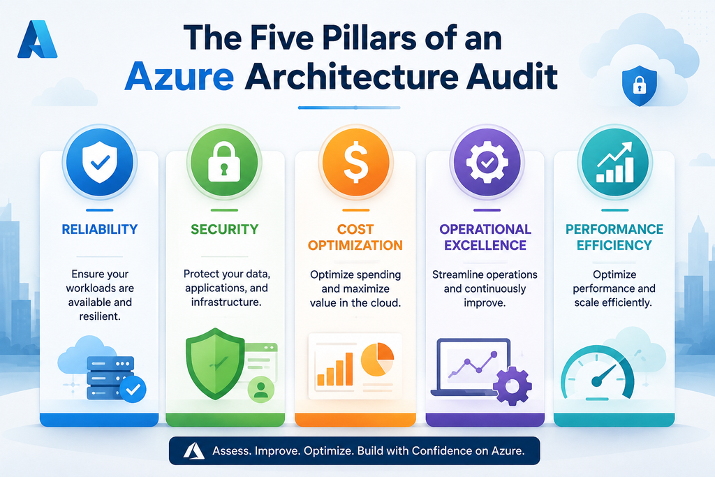 infographic explaining The Five Pillars of an Azure Architecture Audit
