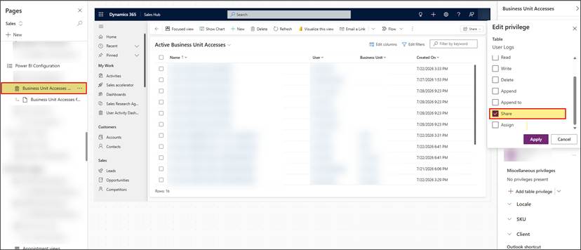 Sitemap Subarea configured with the Share privilege